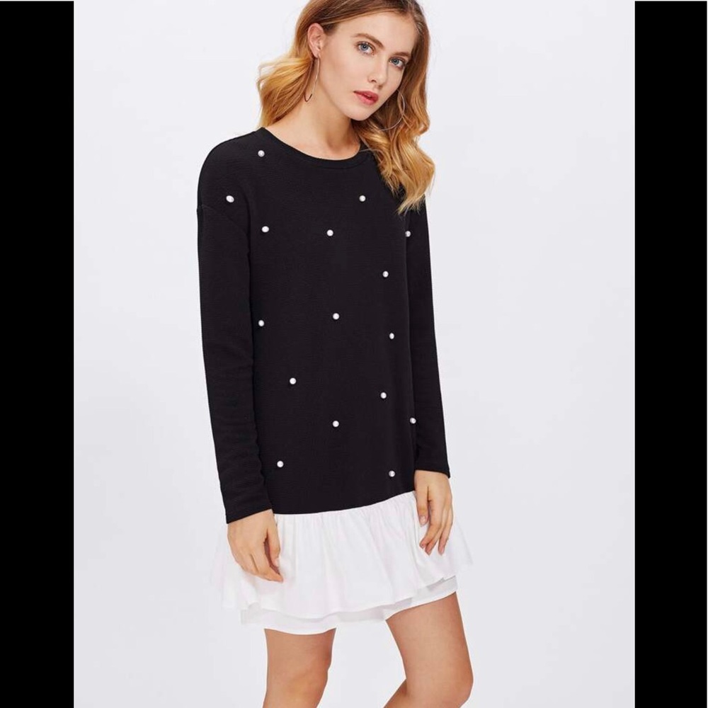 Pearl Embellished Sweater Ruffled Dress